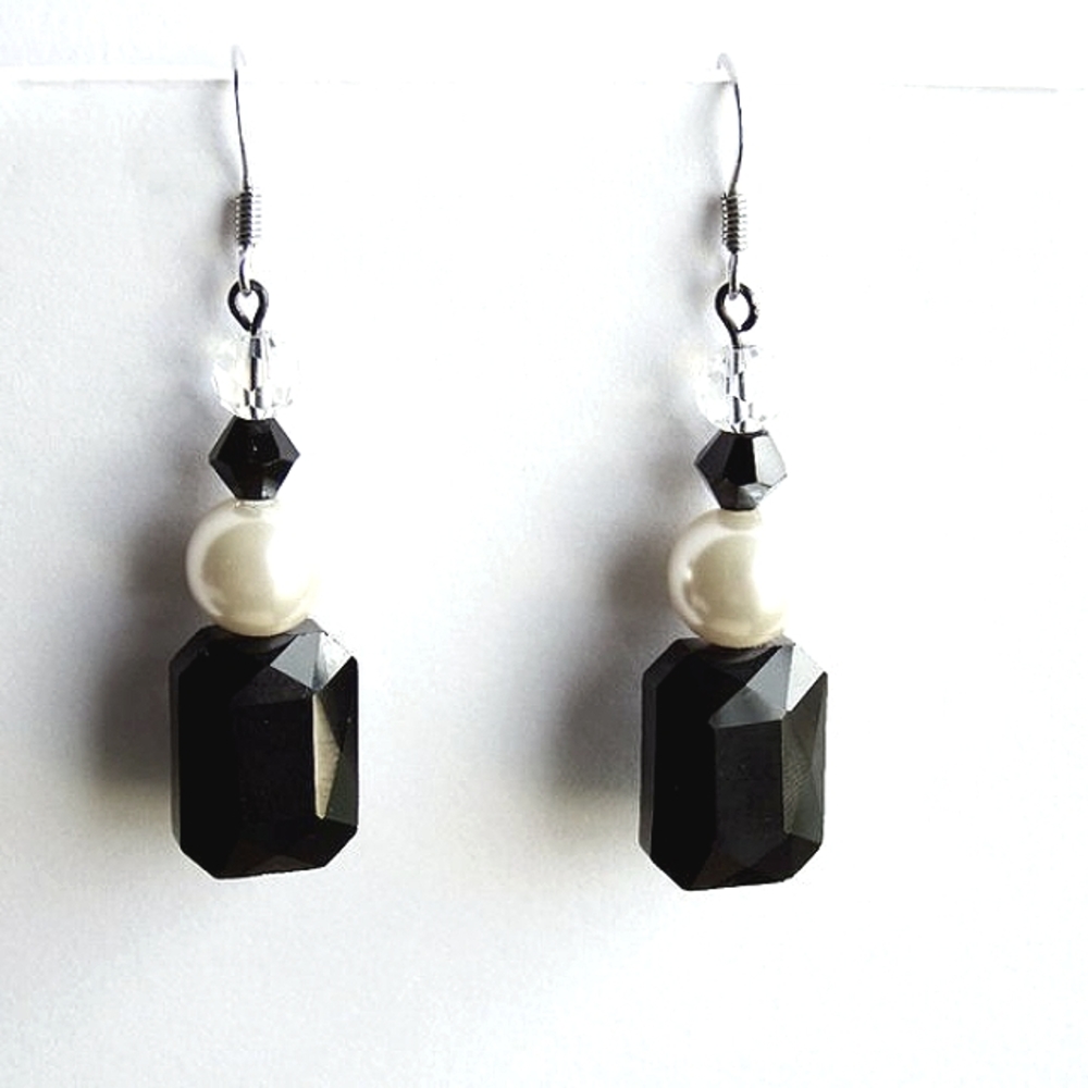 Faux Pearl/Black/Clear Swarovski Element Earrings